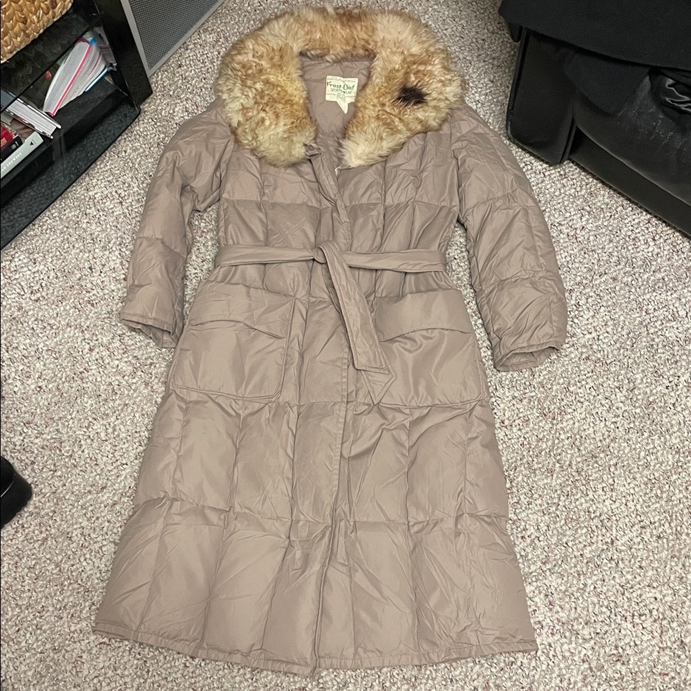 Vintage 70s real sherling collar down feather filled maxi belted Puffer Coat